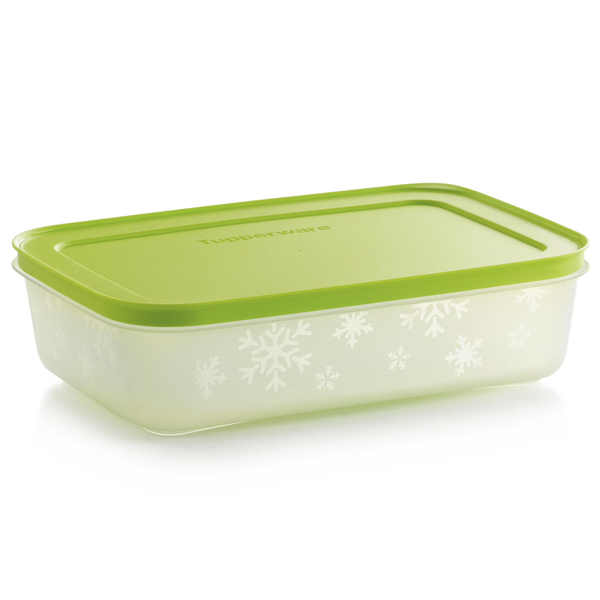 Tupperware Freezer mates Plus moyennement peu profond avec couvercle vert et flocons de neige sur l'extérieur du récipient